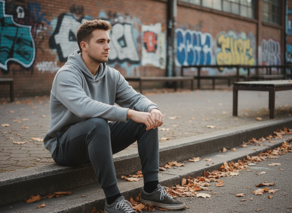 Jeune homme urbain en hoodie gris assis sur un banc