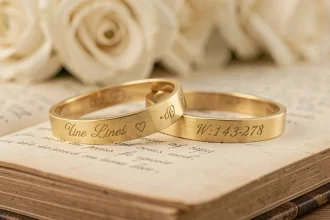 Deux joncs en or gravés avec initiales et date de mariage posés sur un livre vintage ouvert, vue macro rapprochée