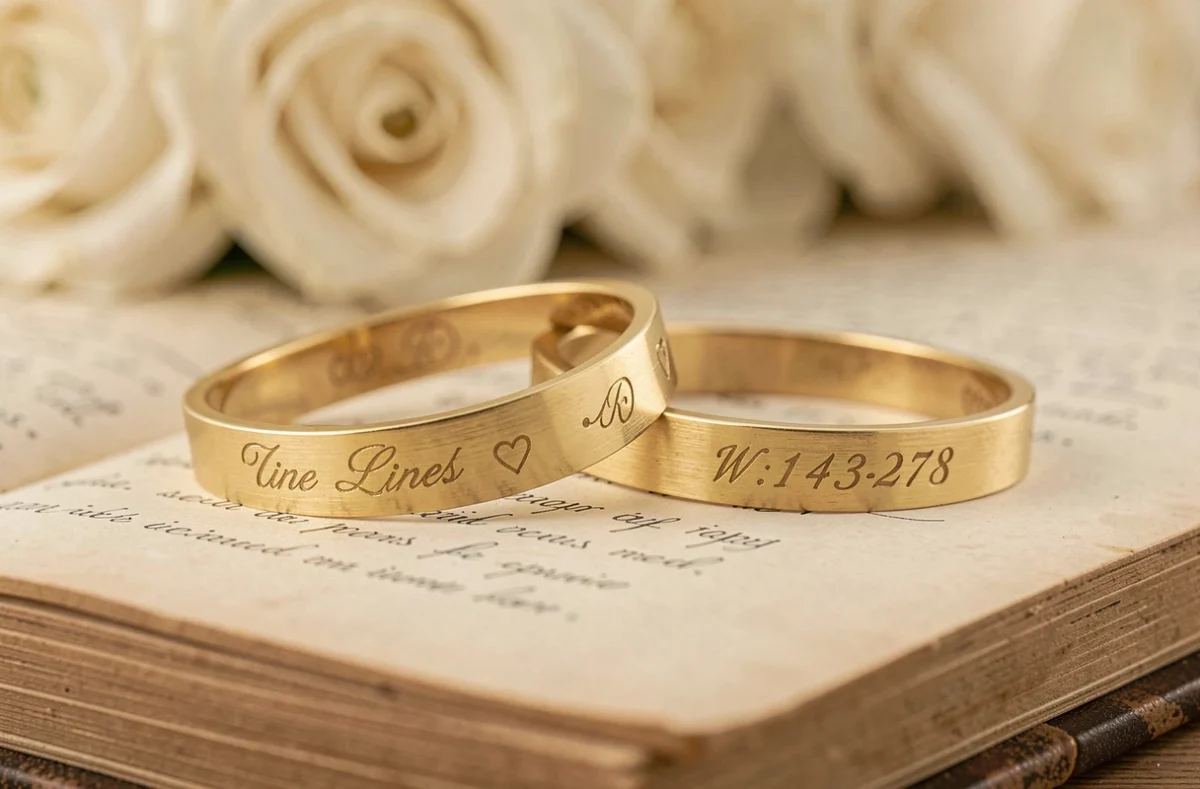 Deux joncs en or gravés avec initiales et date de mariage posés sur un livre vintage ouvert, vue macro rapprochée