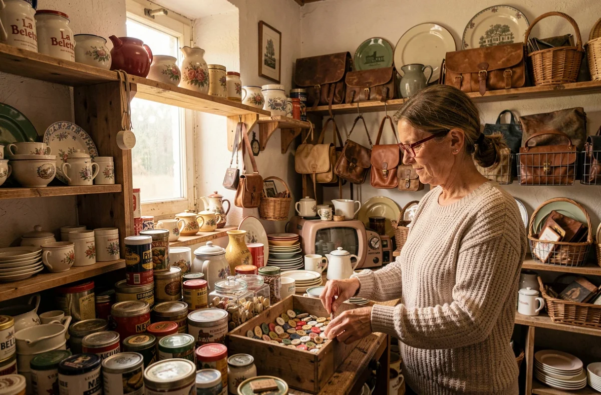 Intérieur encombré de La Belette à Saint-Étienne avec céramiques vintage, vaisselle ancienne et vendeuse triant des boutons derrière le comptoir