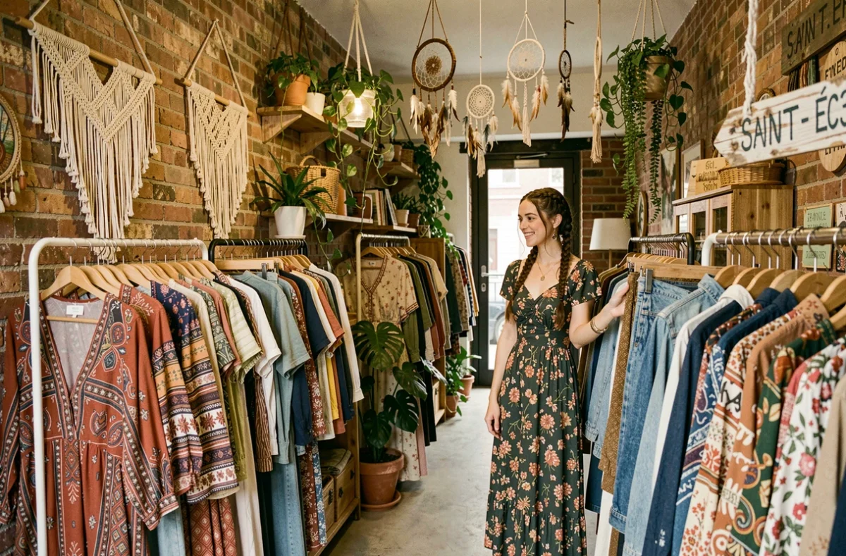 Boutique La Bohême à Saint-Étienne avec décor bohème, murs en brique, plantes et robes vintage fluides sur des portants, jeune femme souriante parcourant les vêtements