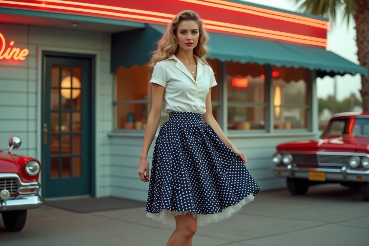 Femme en tenue vintage années 50 avec jupe cercle à pois et coiffure victory rolls devant un diner américain rétro