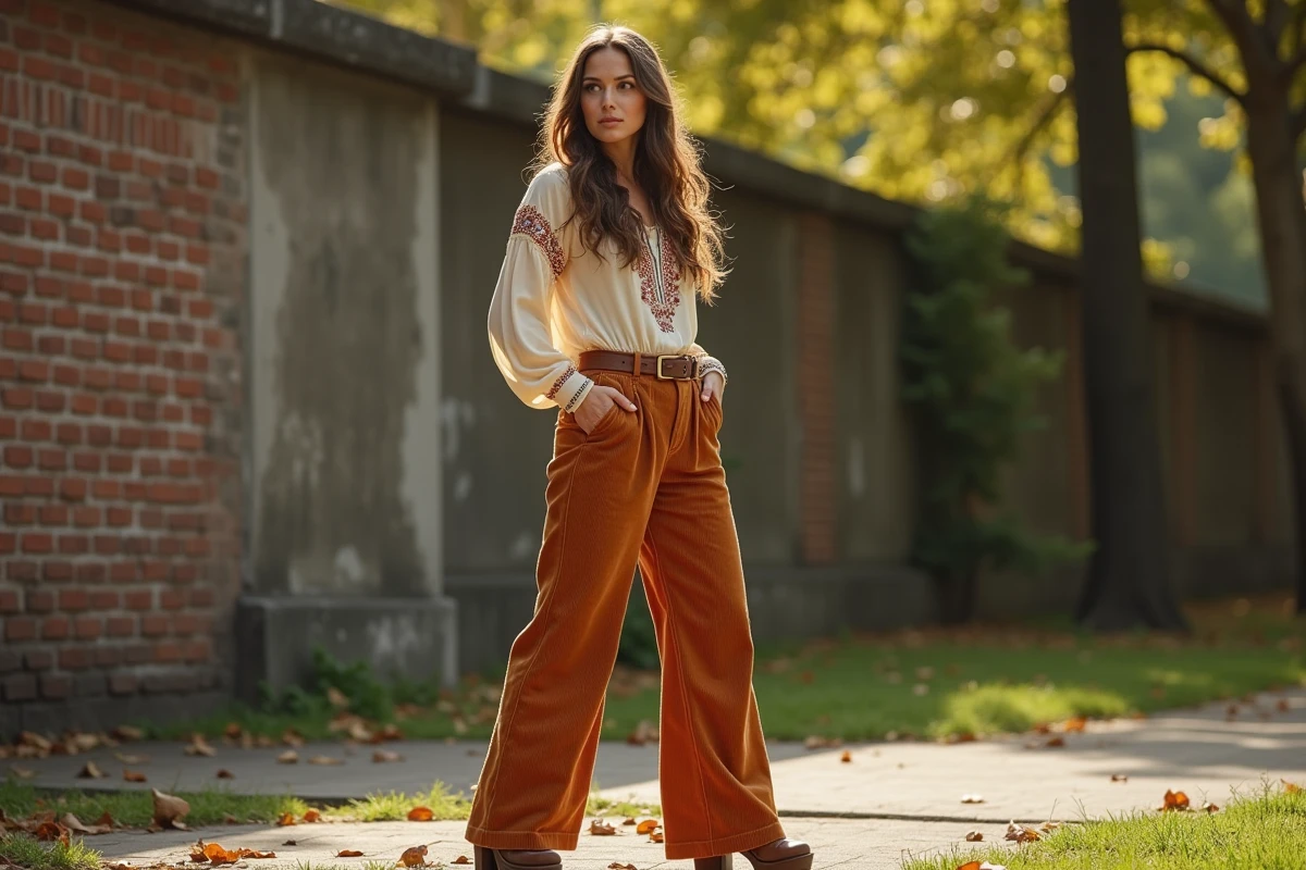 Femme en look vintage bohème années 70 avec pantalon pattes d'éléphant en velours côtelé dans un parc urbain en automne