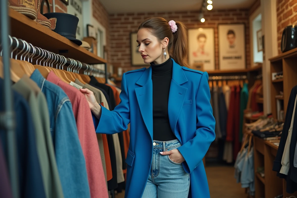 Femme en tenue vintage années 80 avec blazer bleu à épaulettes et jean acid-wash dans une boutique de vêtements de seconde main