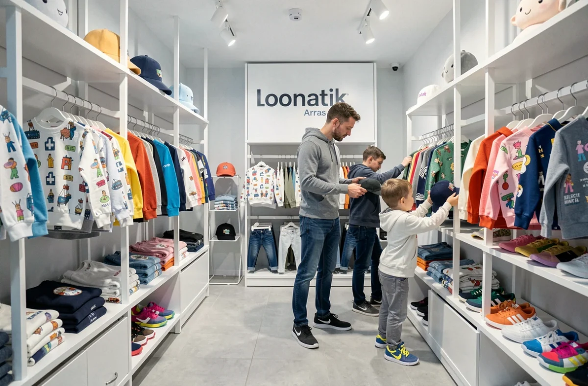 Boutique Loonatik à Arras proposant une mode enfant contemporaine avec sweats et jeans exposés sur des étagères blanches