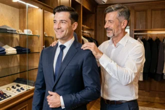Homme essayant un costume sur mesure bleu marine dans une boutique élégante de Provence avec l'aide d'un styliste professionnel