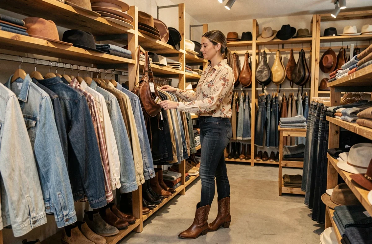 Femme faisant ses achats dans un magasin spécialisé en vêtements western en France avec large sélection de chemises et chapeaux