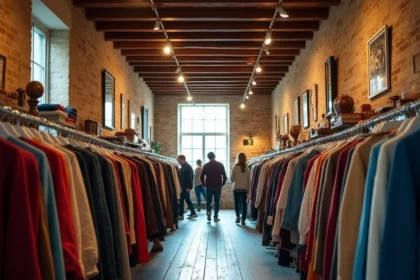 Intérieur d'une friperie de l'Aisne avec des portants de vêtements colorés et des clients qui fouinent