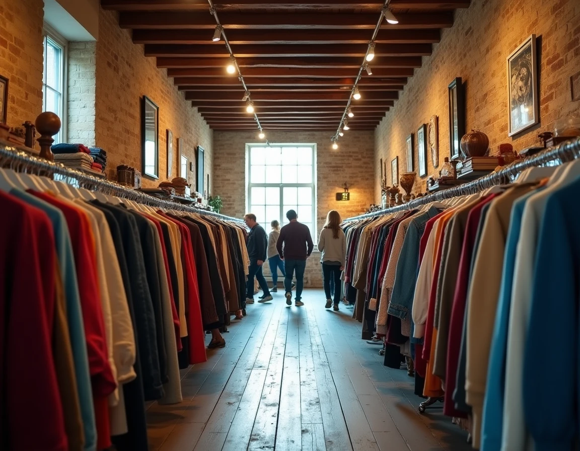 Intérieur d'une friperie de l'Aisne avec des portants de vêtements colorés et des clients qui fouinent