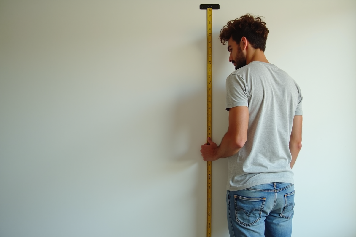 Jeune homme français mesuré avec un mètre ruban en intérieur