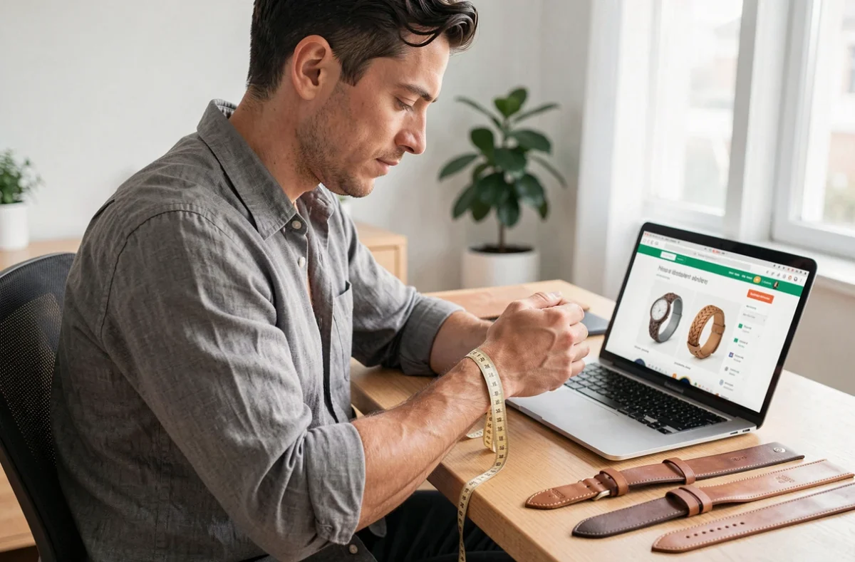 Homme mesurant son poignet à la maison avec un mètre ruban pour commander un bracelet en cuir personnalisé en ligne, entouré d'échantillons de bracelets posés sur un bureau moderne