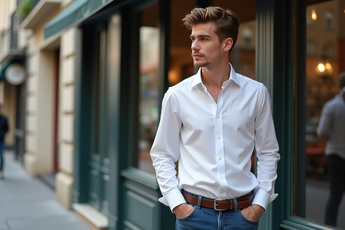 Jeune homme modèle en jeans et chemise blanche dans la rue parisienne