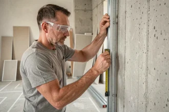 Ouvrier positionant un montant métallique 48/50 mm contre un mur en béton lors de la construction d'une cloison intérieure