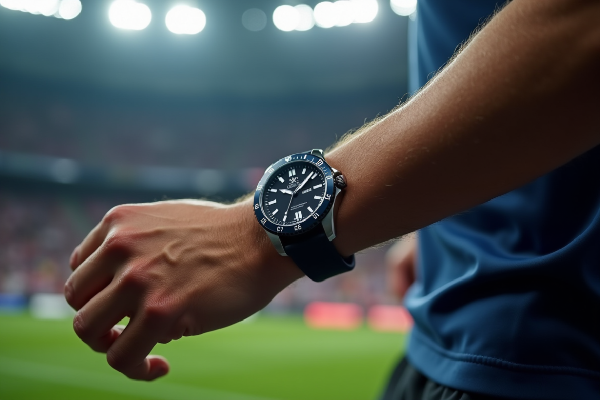 Montre sportive de luxe au poignet d'un athlète en gros plan