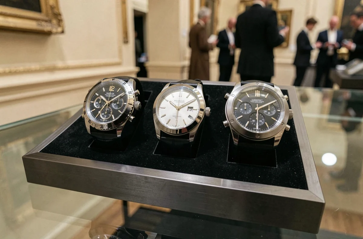 Trois montres de luxe prestigieuses disposées sur un plateau en velours noir lors d'une vente aux enchères horlogère, symboles de placement financier