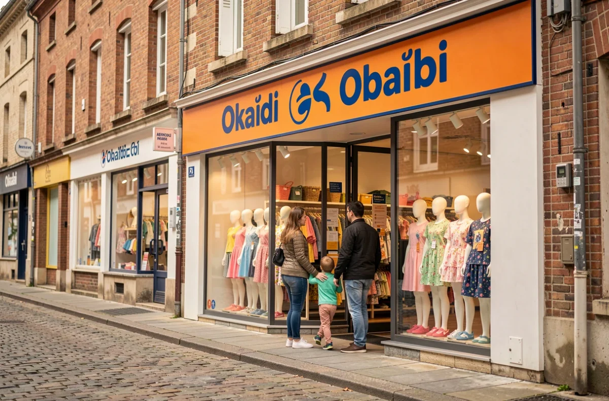 Devanture d'un magasin Okaïdi Obaïbi avec sa signalétique orange et bleue dans une rue commerçante du Nord