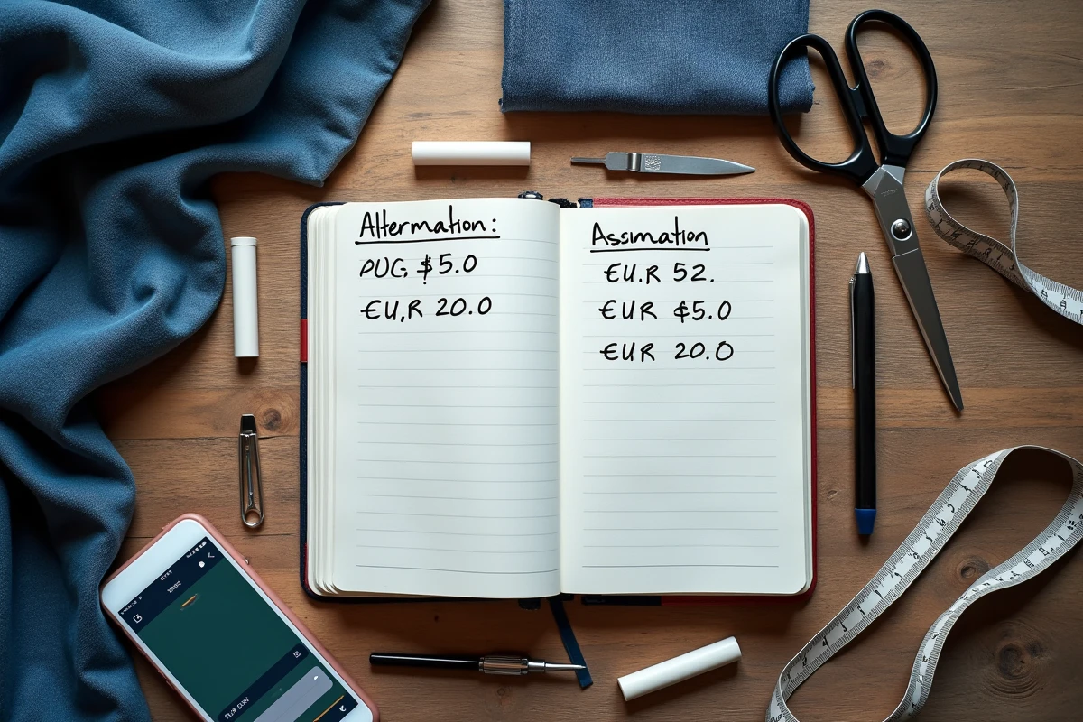 Vue aérienne d'outils de couture et d'un carnet de tarifs de retouche manuscrits en euros disposés sur une table en bois avec des échantillons de tissu