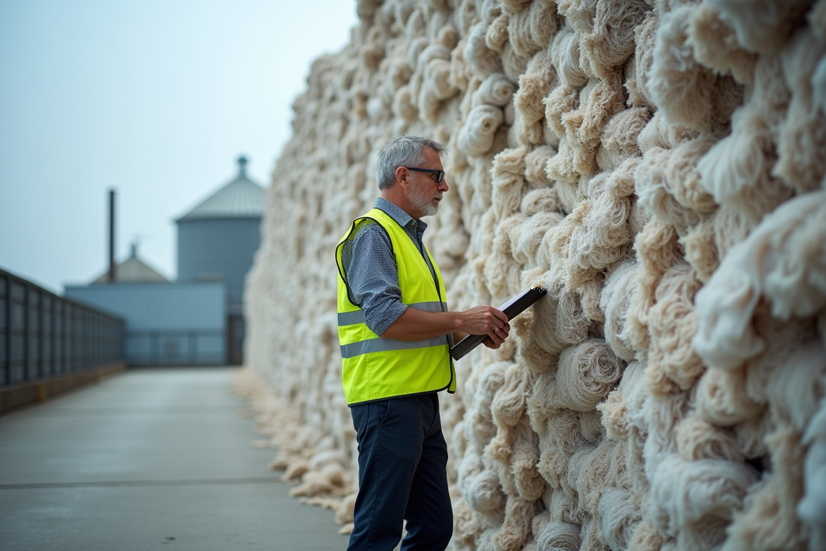 Ouvrier examinant des balles de textile recyclé en extérieur