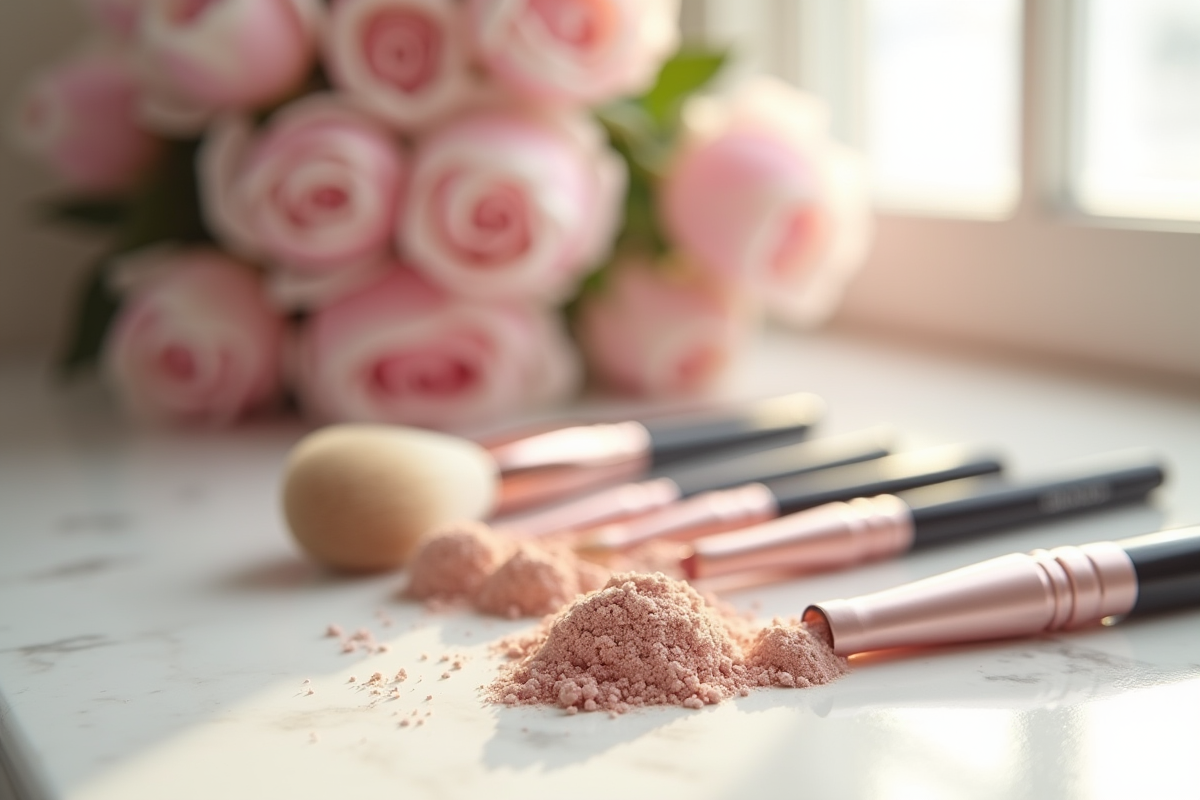 Collection de pinceaux maquillage et rouge à lèvres satiné