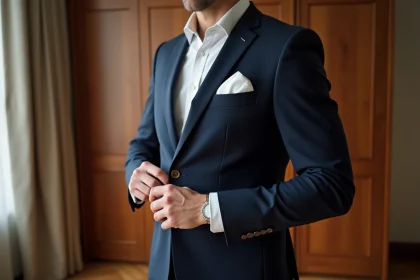 Homme en costume bleu marine pliant une pochette blanche en soie pour la glisser dans la poche poitrine