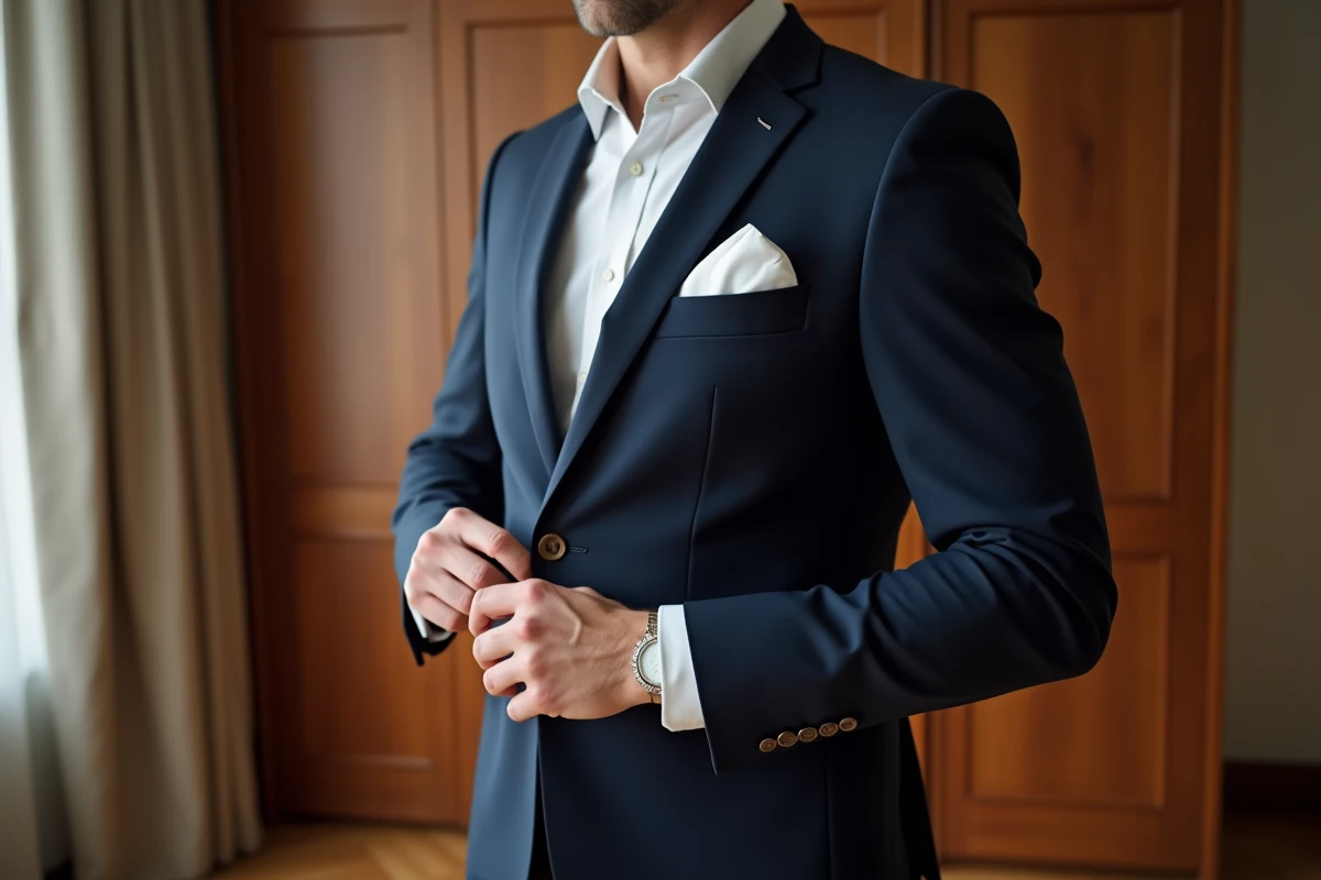 Homme en costume bleu marine pliant une pochette blanche en soie pour la glisser dans la poche poitrine