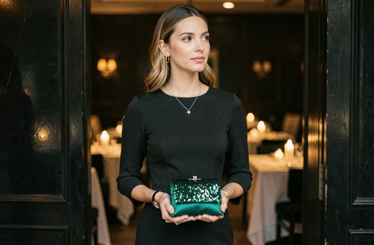 Femme en robe noire tenant une pochette satin verte pour une soirée élégante dans un restaurant chic