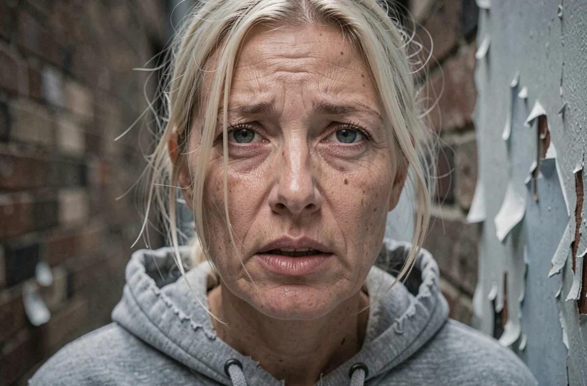 Portrait en gros plan d'une femme aux traits fatigués et aux cheveux blonds effilochés, exprimant la détresse émotionnelle et la vulnérabilité