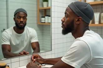 Jeune homme portant un wave cap devant un miroir de salle de bain, avec brosse à vagues et pommade sur l'étagère