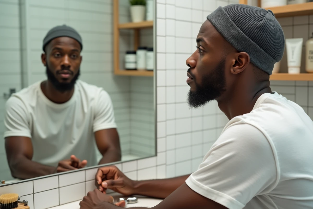 Jeune homme portant un wave cap devant un miroir de salle de bain, avec brosse à vagues et pommade sur l'étagère