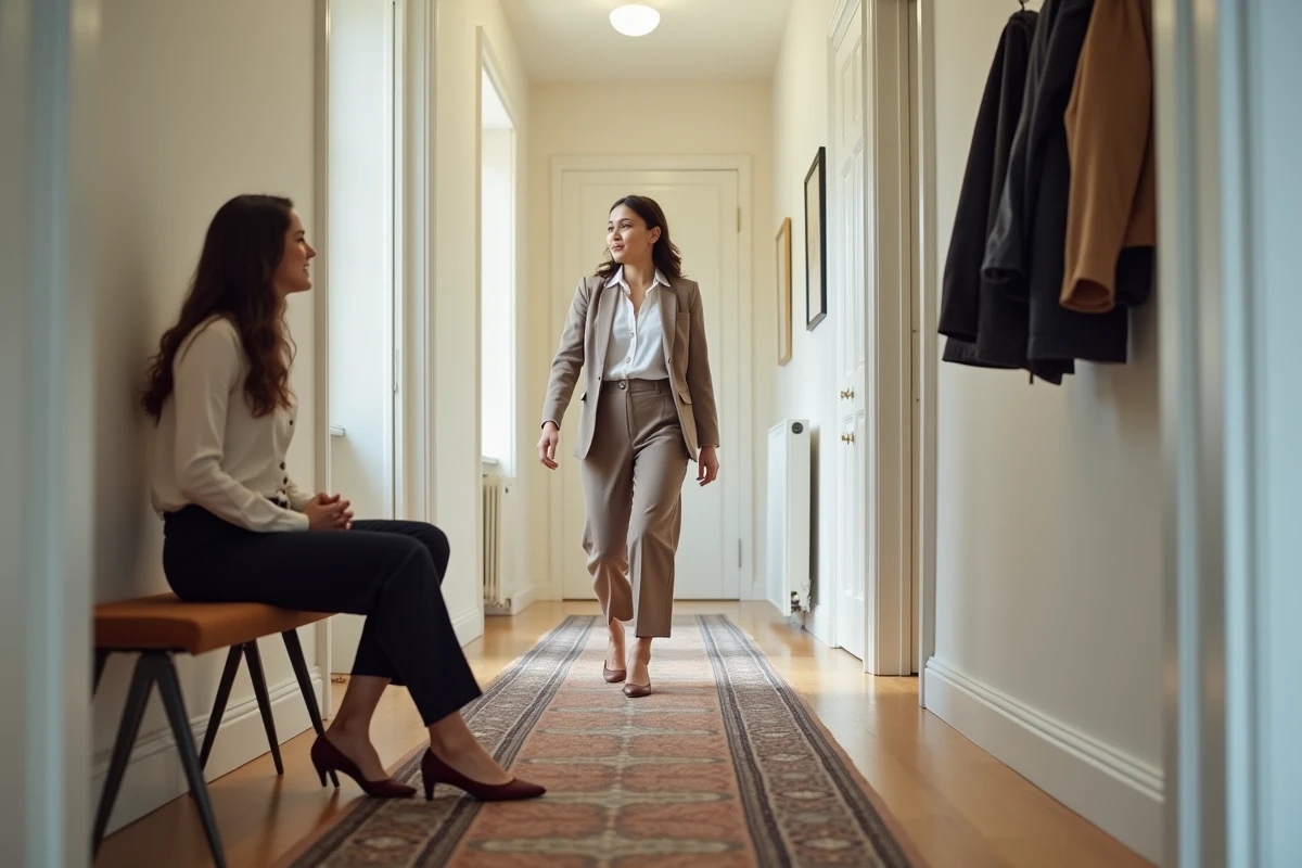 Deux amies dans un couloir d'appartement, l'une pratiquant la marche en talons aiguilles pointus pendant que l'autre observe et encourage