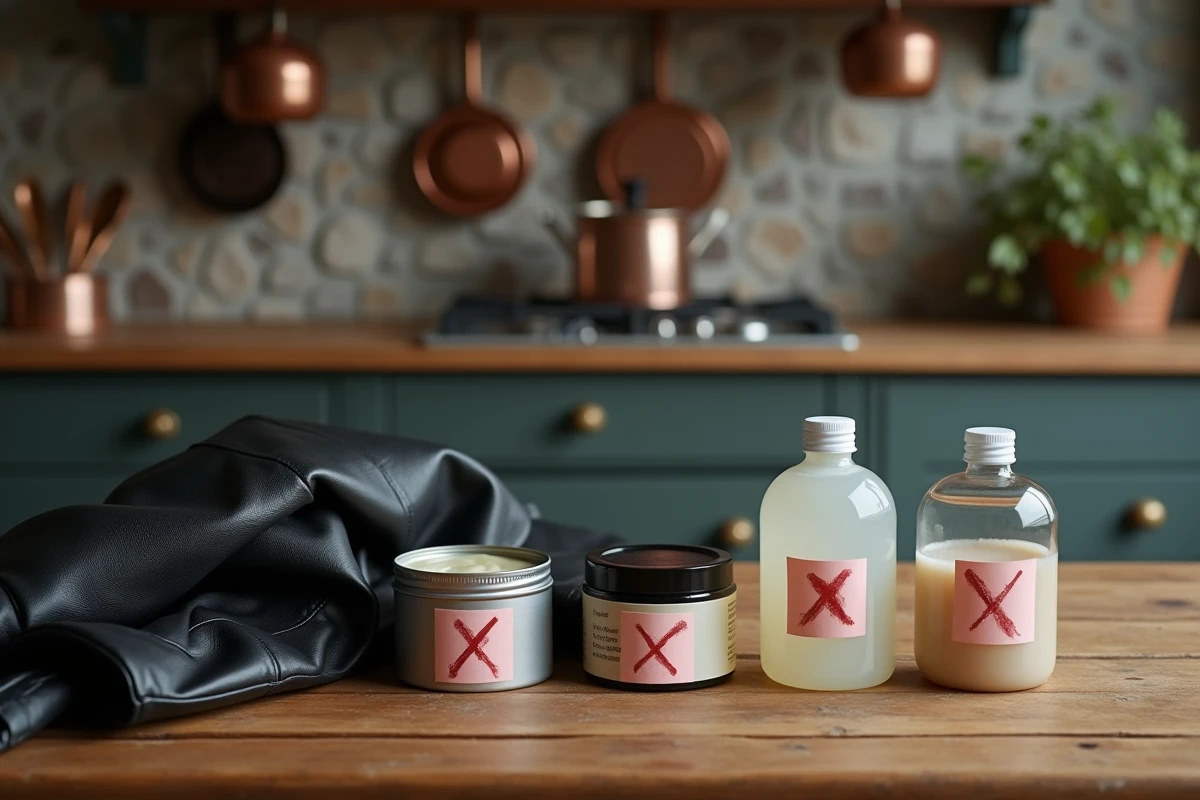 Vue aérienne d'une veste en cuir avec des produits déconseillés pour le cirage comme la vaseline et le cirage à chaussures