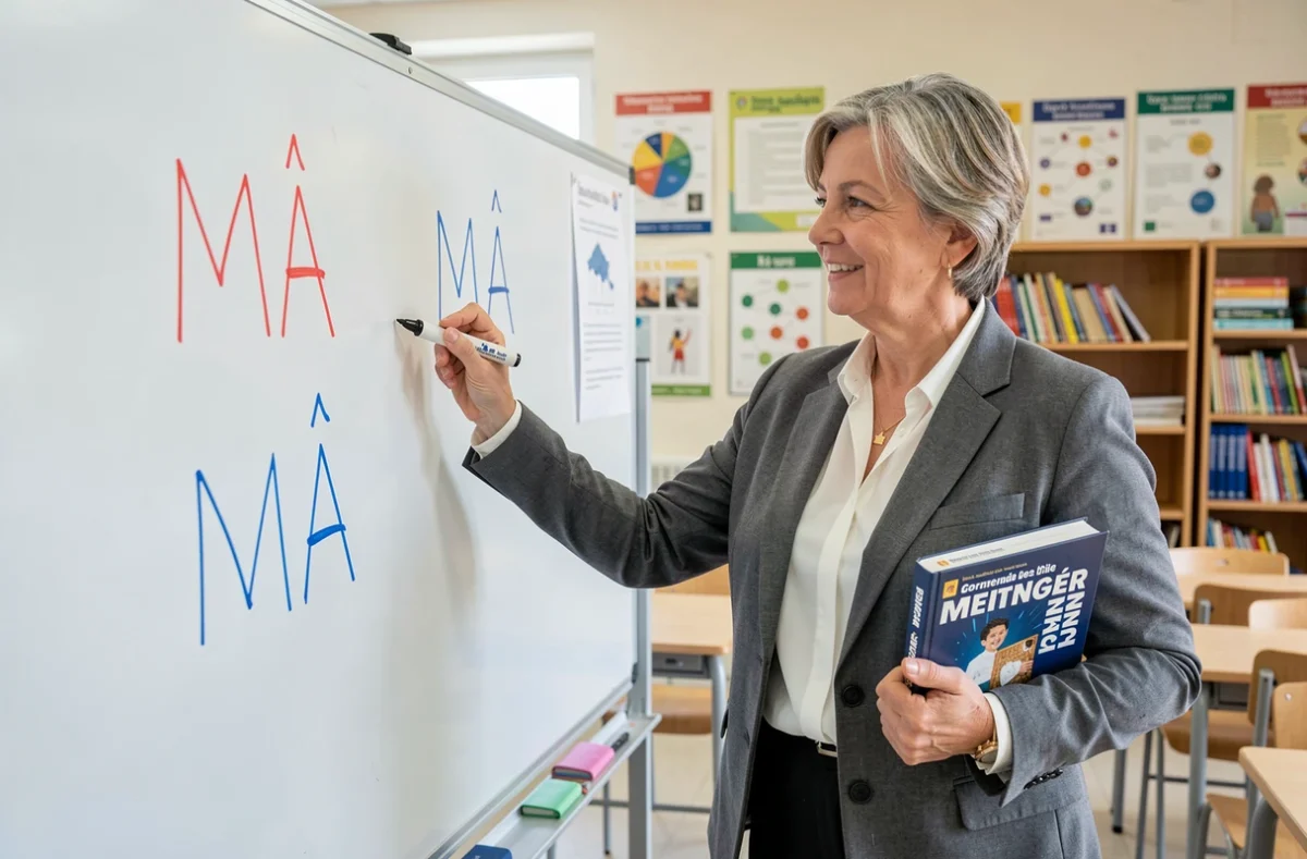Professeure de français expliquant la règle grammaticale entre ma et m'a au tableau blanc devant ses élèves