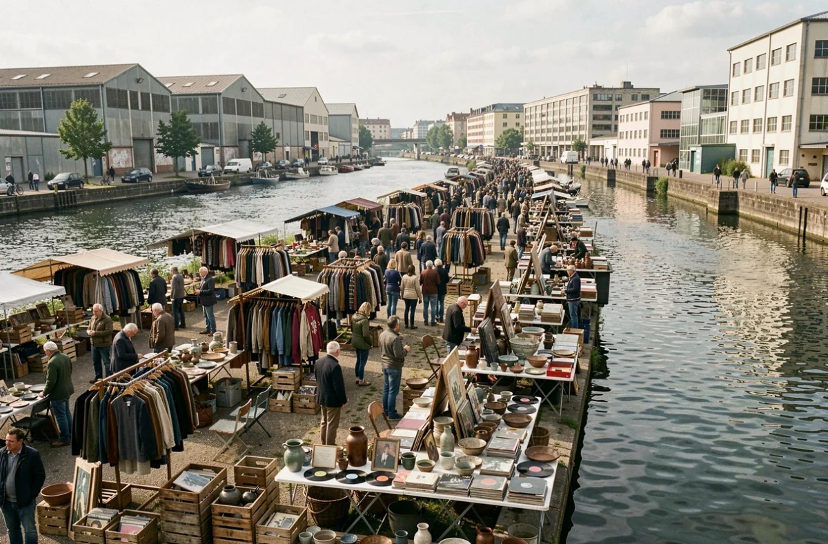 Marché aux puces en plein air le long du canal à Villeurbanne, étals de vêtements vintage et objets anciens avec acheteurs et reflets dans l'eau