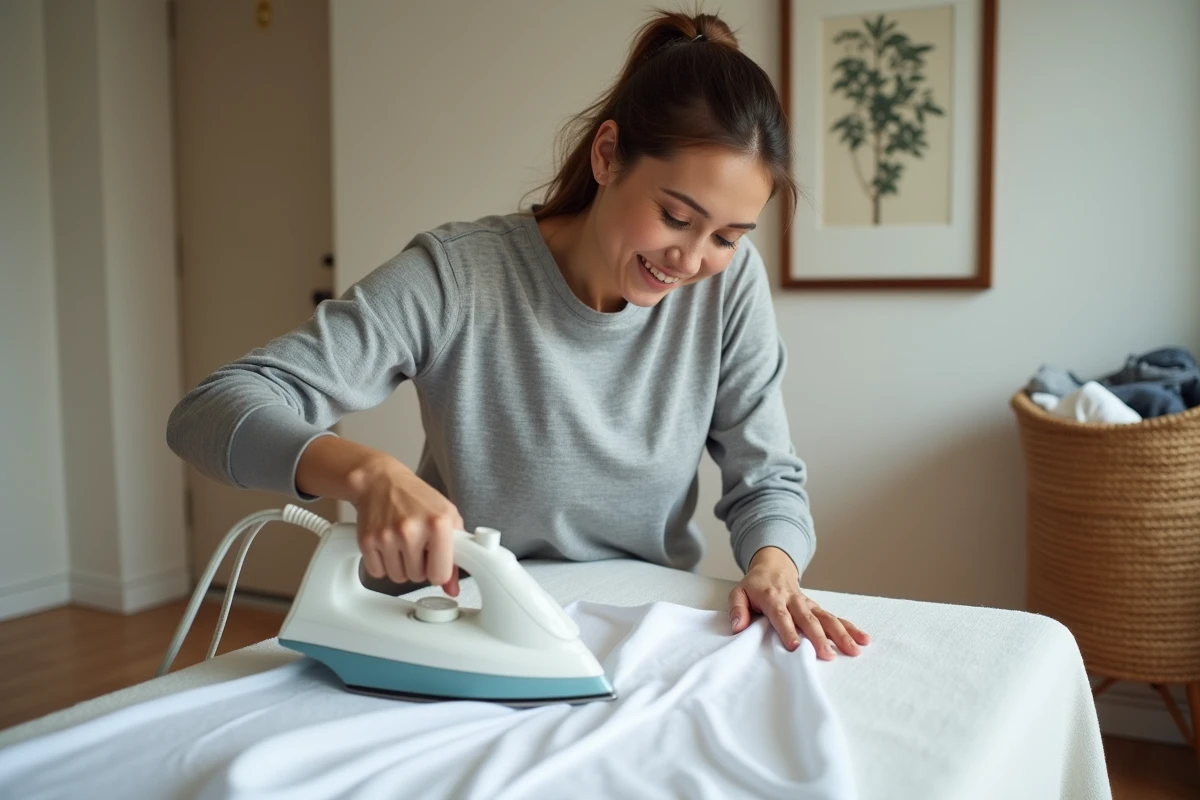 Femme repassant soigneusement une robe blanche avec un fer à vapeur pour conserver son aspect éclatant et sans froissures