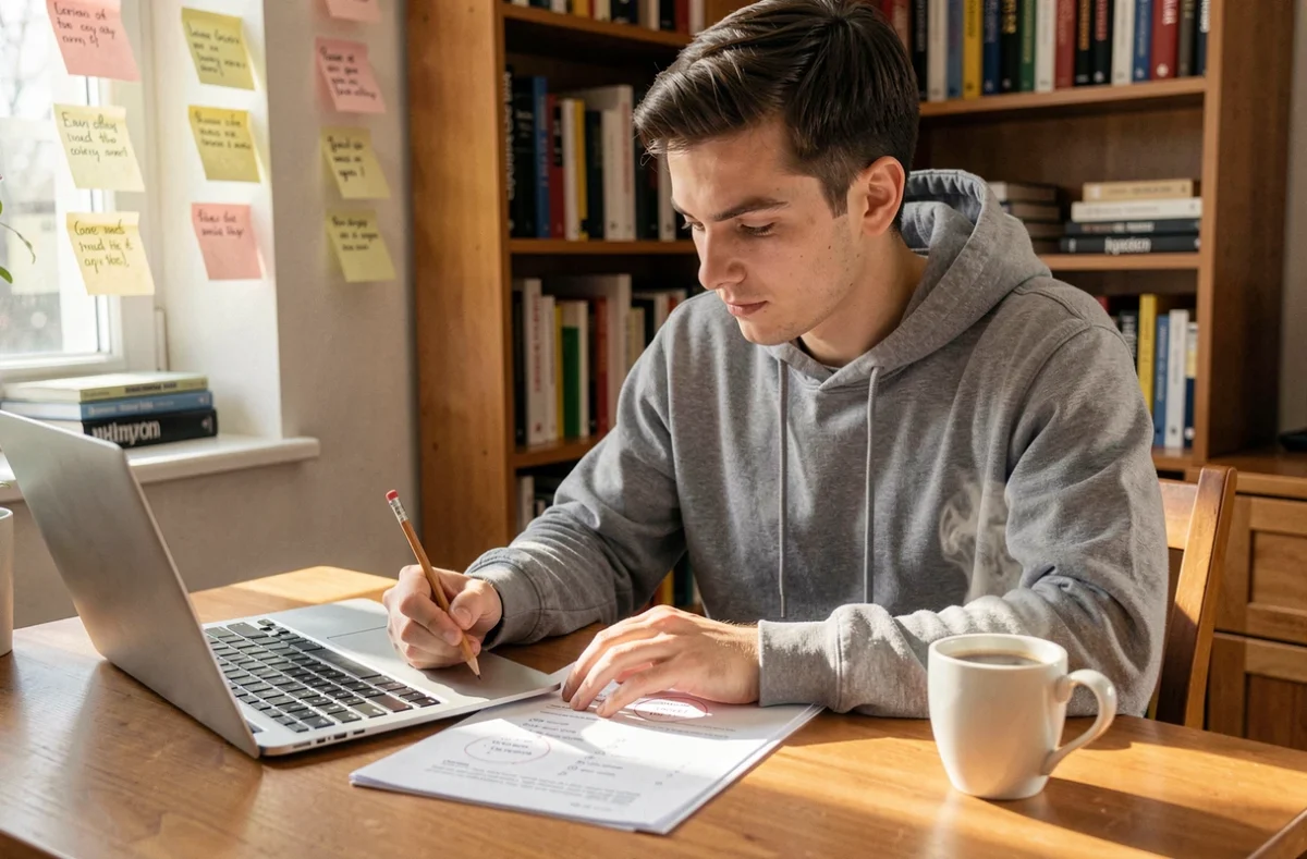 Jeune adulte révisant la règle grammaticale ma ou m'a à son bureau avec un ordinateur portable et des fiches de notes