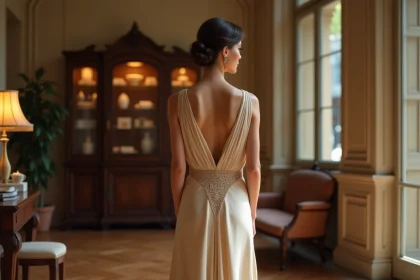 Femme en robe bias-cut soie années 30 avec broderies art déco dans une boutique parisienne au parquet en chevrons