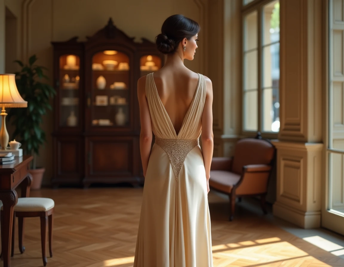 Femme en robe bias-cut soie années 30 avec broderies art déco dans une boutique parisienne au parquet en chevrons