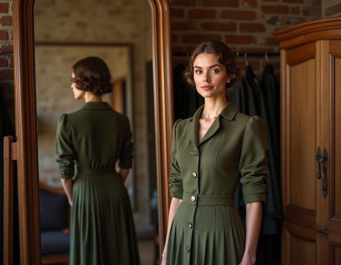 Femme en robe de jour laine années 30 avec ceinture et jupe plissée devant un miroir antique dans un dressing en briques apparentes