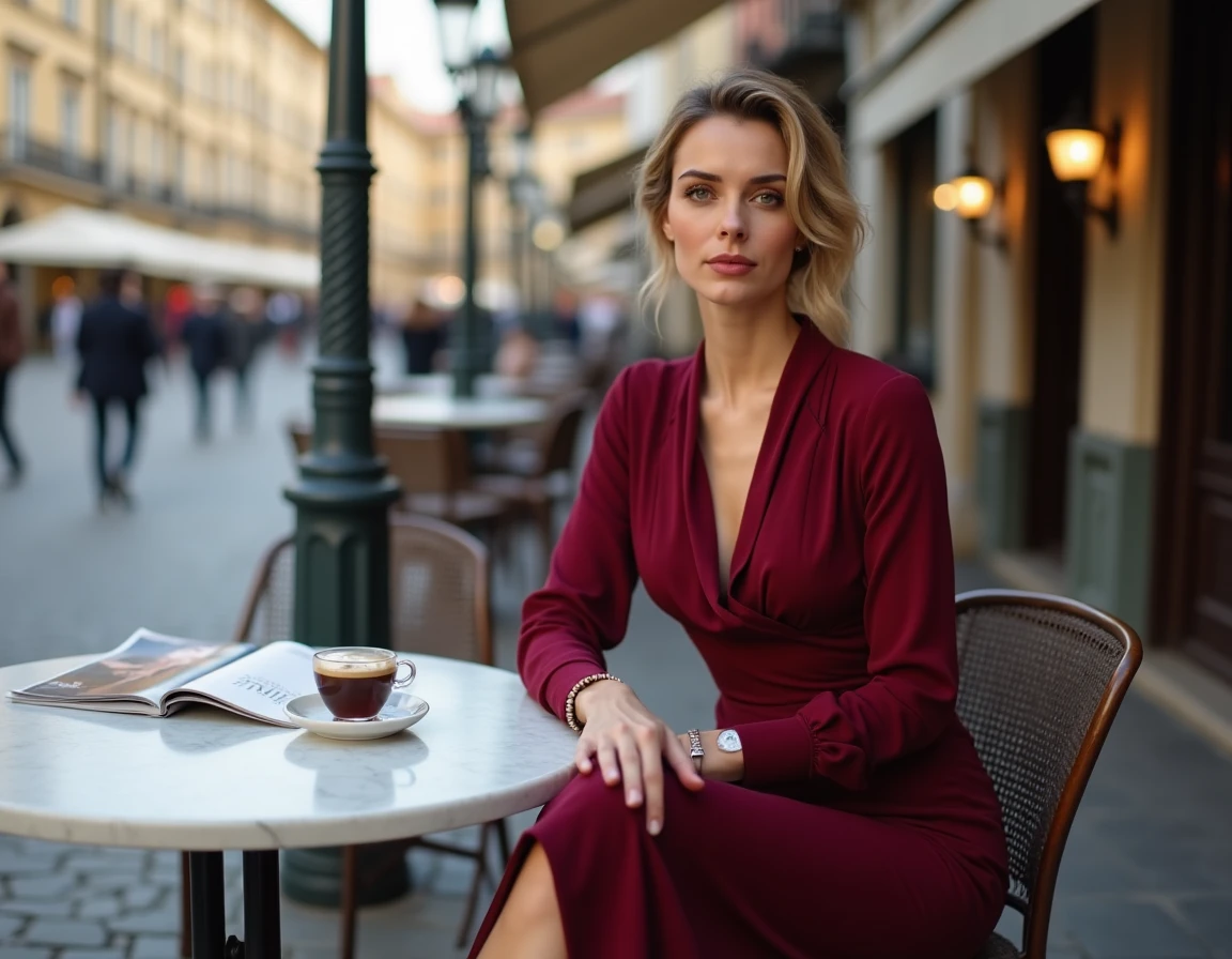 Femme en robe midi crêpe bordeaux style années 30 assise à une terrasse de café européenne avec magazine de mode