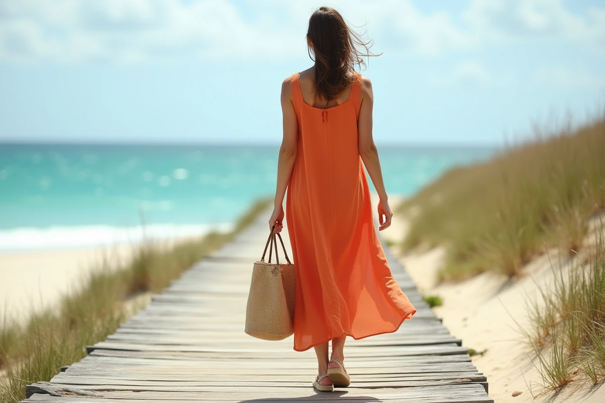 Femme en robe longue orange portant des espadrilles en jute marchant sur une promenade en bois au bord de la mer en été