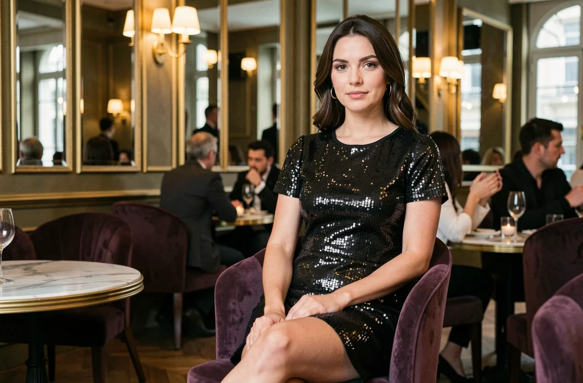 Femme en robe sequins noire courte pour le réveillon du Nouvel An 2026, look chic et économique dans un restaurant parisien