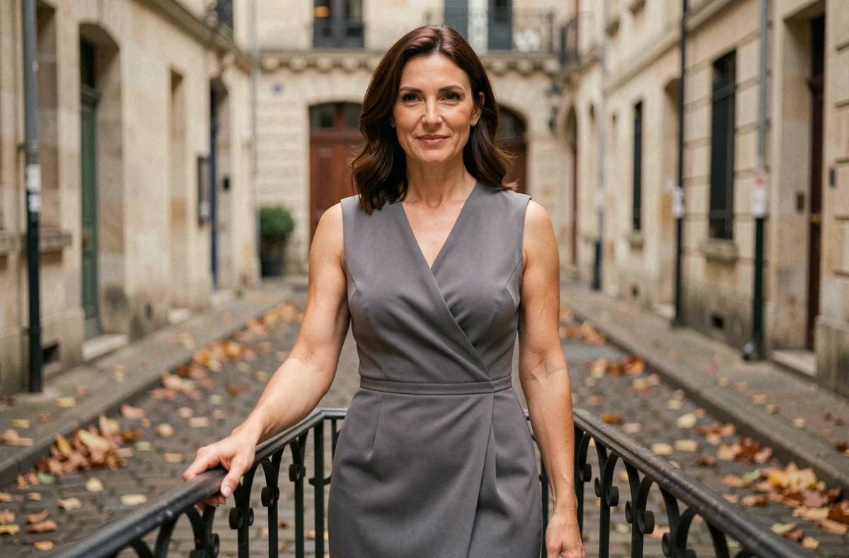 Femme en robe sans manches grise bien taillée de style SINEQUANONE dans une rue pavée française en automne