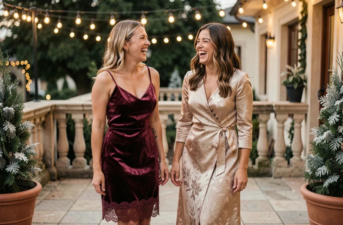 Deux femmes en robes élégantes et abordables pour le Nouvel An 2026, robe velours bordeaux et robe dorée sur une terrasse décorée