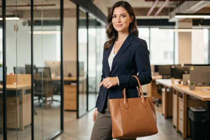 Femme professionnelle tenant un sac cabas en cuir camel dans un bureau moderne, tenue bureau élégante