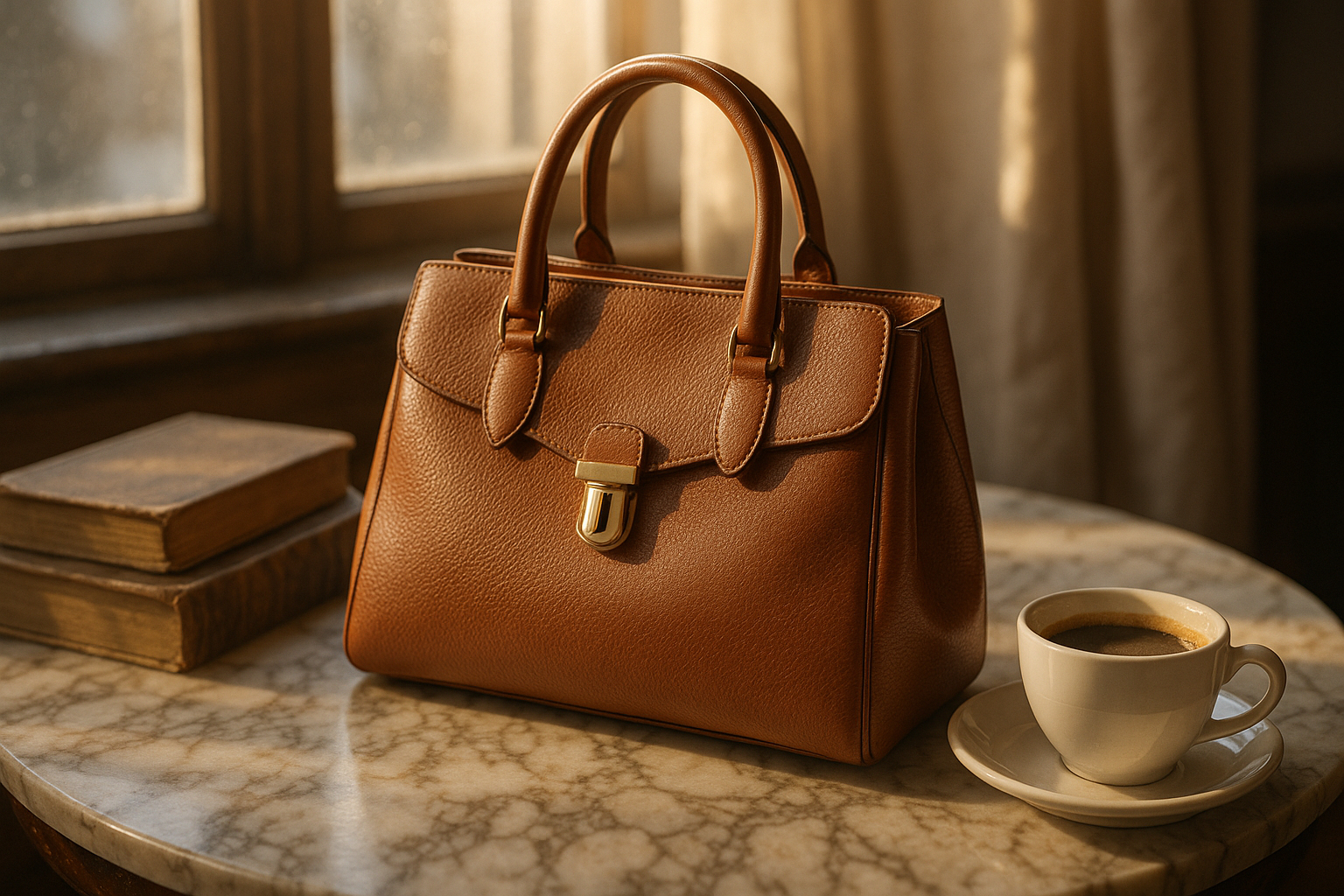 Sac à main en cuir luxe posé sur une table en marbre avec livres et café