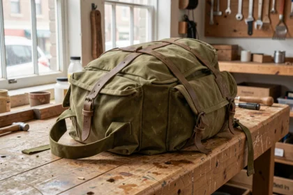Sac en toile de style militaire posé sur un établi d'atelier