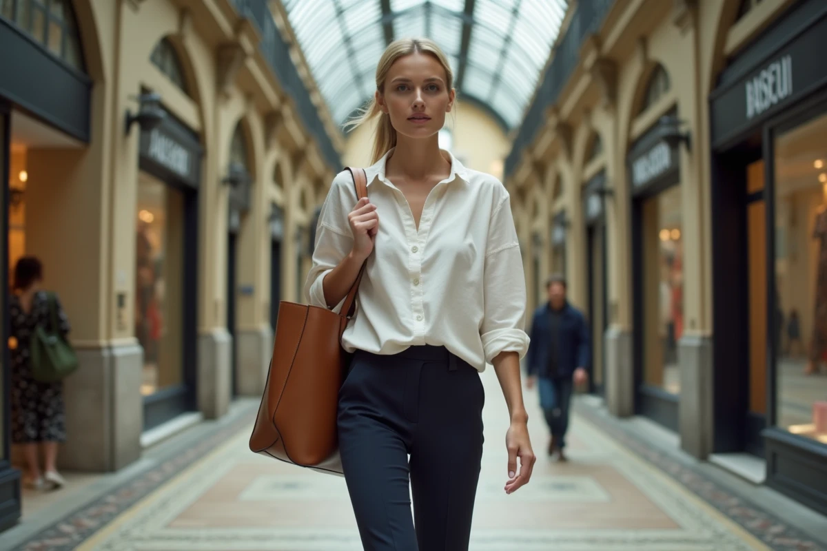 Grande femme à la silhouette sportive portant un grand sac en cuir d'une marque française dans un passage couvert parisien