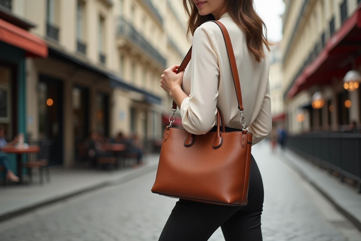 Femme à la silhouette fine portant un sac cabas en cuir cognac d'une marque française dans une rue pavée parisienne