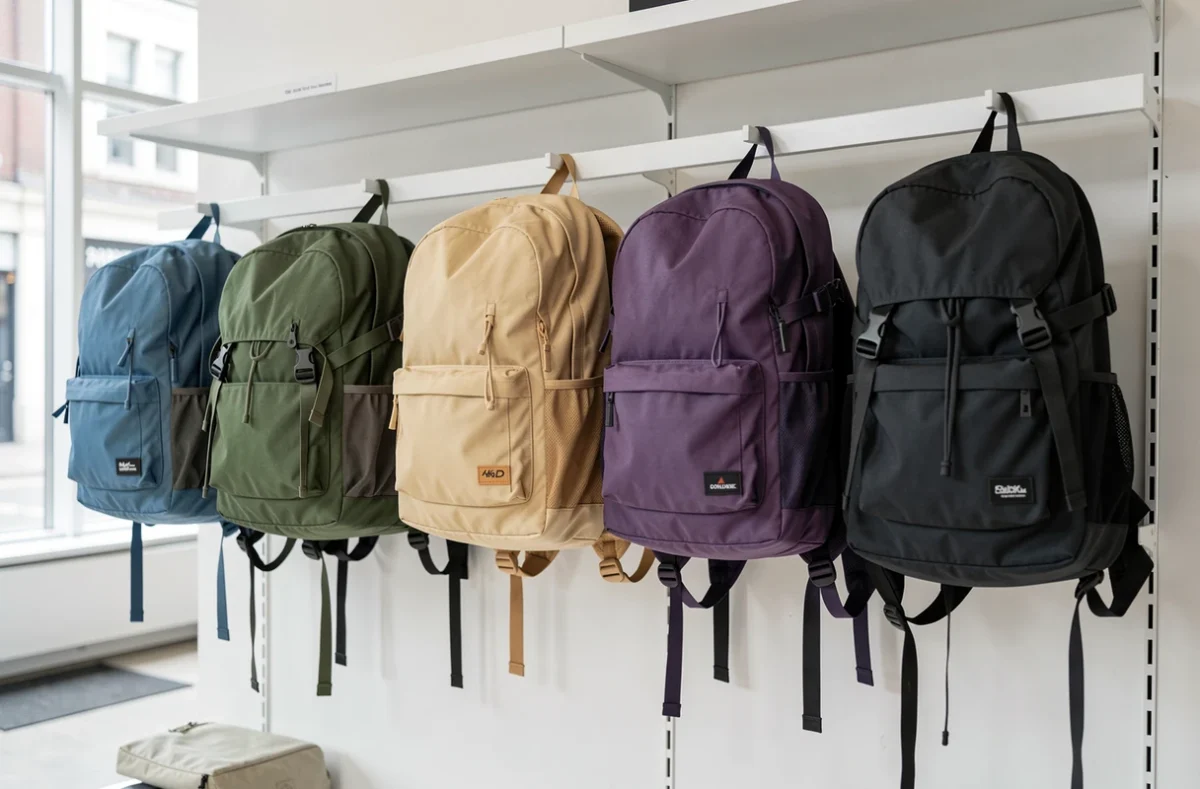 Sacs à dos rembourrés de couleurs variées accrochés au mur d'un magasin