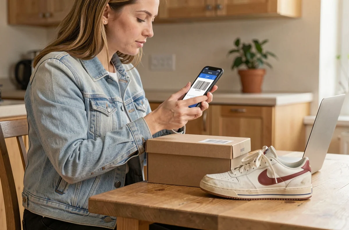 Femme scannant le code UPC d'une Nike avec son smartphone avant un achat sur Vinted